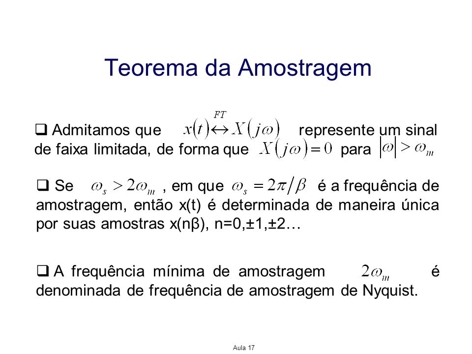 Teorema da Amostragem Admitamos que represente um sinal de faixa limitada, de forma que para.
