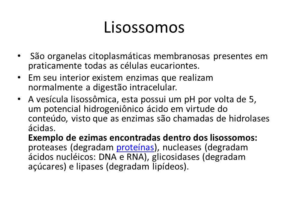 Lisossomos São organelas citoplasmáticas membranosas presentes em praticamente todas as células eucariontes.