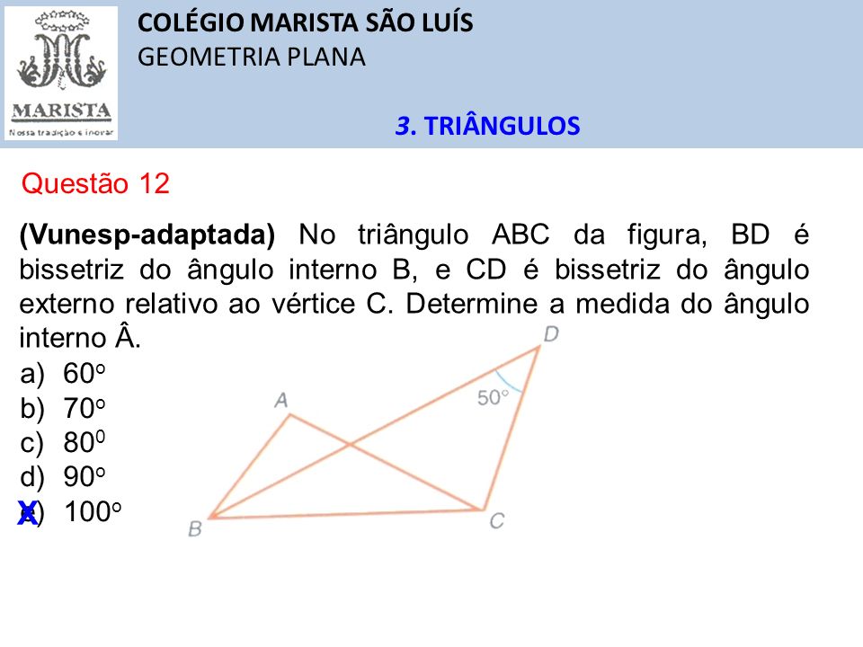 X COLÉGIO MARISTA SÃO LUÍS GEOMETRIA PLANA 3. TRIÂNGULOS Questão 12