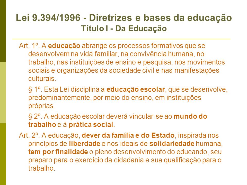 Lei 9.394/ Diretrizes e bases da educação Título I - Da Educação