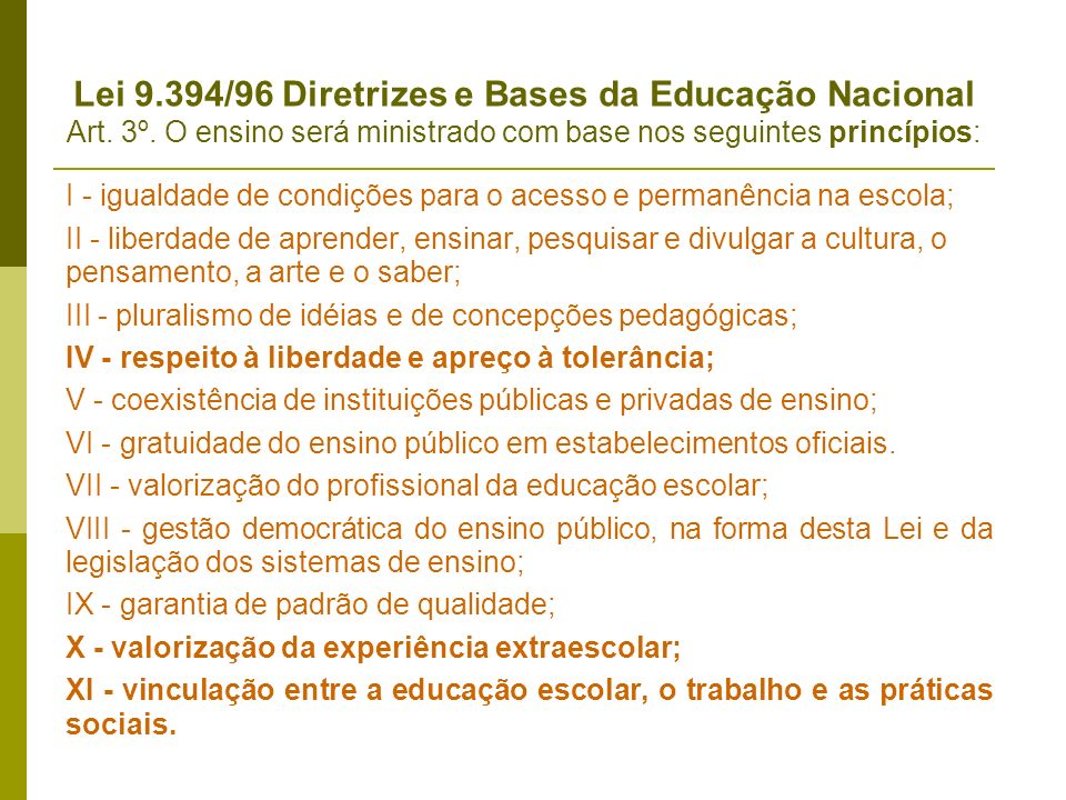 Lei /96 Diretrizes e Bases da Educação Nacional Art. 3º