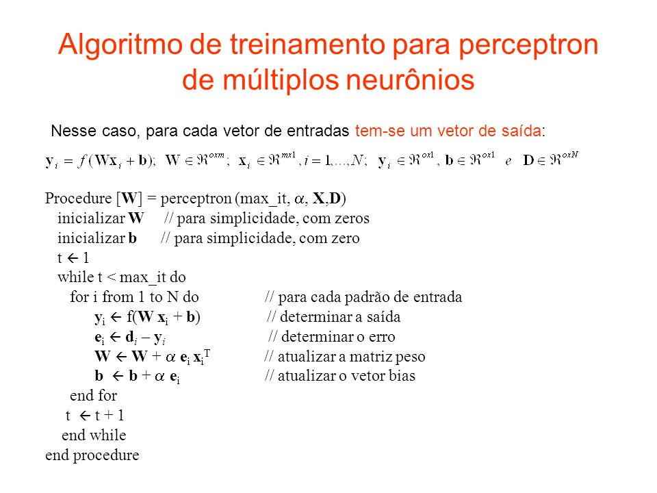 Algoritmo de treinamento para perceptron de múltiplos neurônios