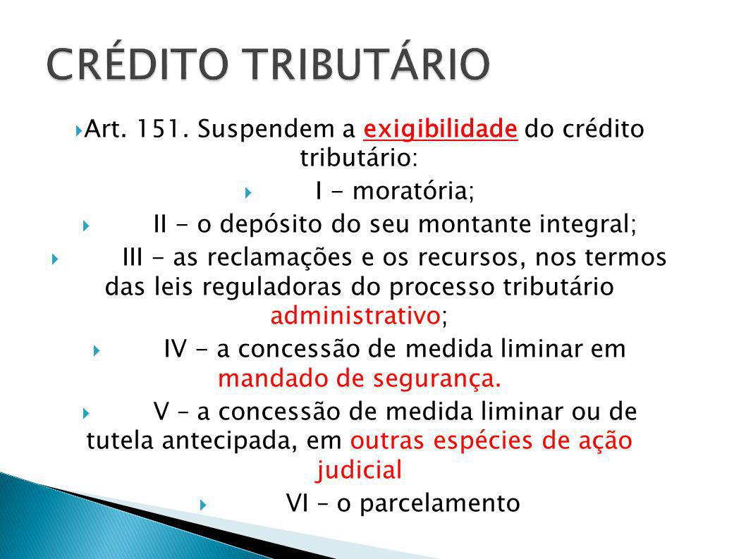 CRÉDITO TRIBUTÁRIO Art Suspendem a exigibilidade do crédito tributário: I - moratória; II - o depósito do seu montante integral;