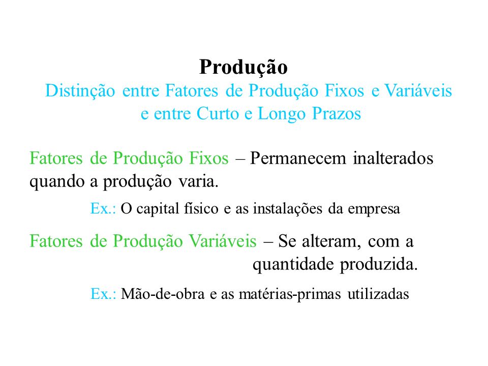 Produção Distinção entre Fatores de Produção Fixos e Variáveis