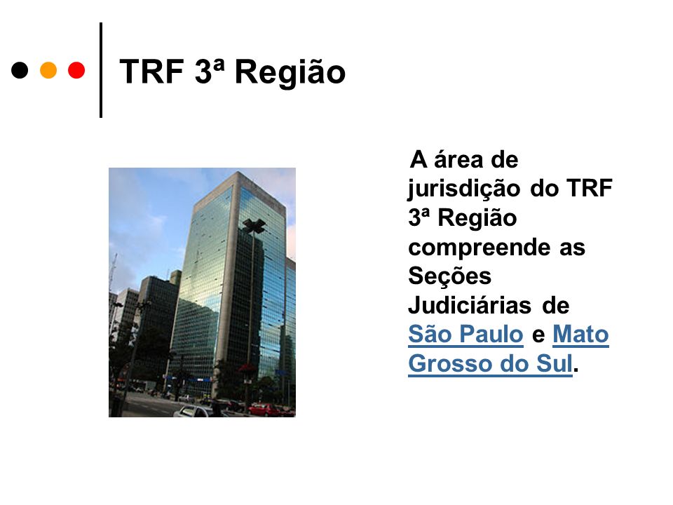 TRF 3ª Região A área de jurisdição do TRF 3ª Região compreende as Seções Judiciárias de São Paulo e Mato Grosso do Sul.