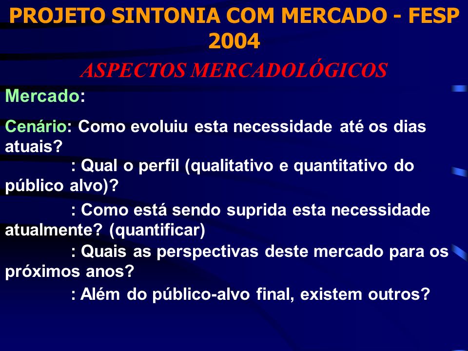 PROJETO SINTONIA COM MERCADO - FESP 2004 ASPECTOS MERCADOLÓGICOS