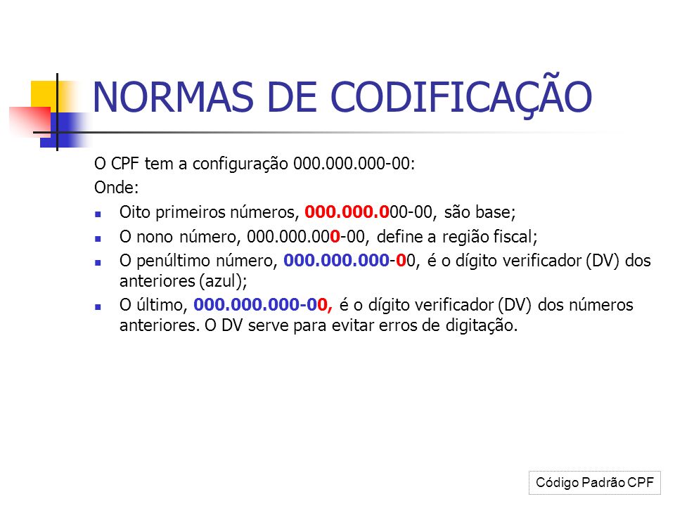 NORMAS DE CODIFICAÇÃO O CPF tem a configuração : Onde: