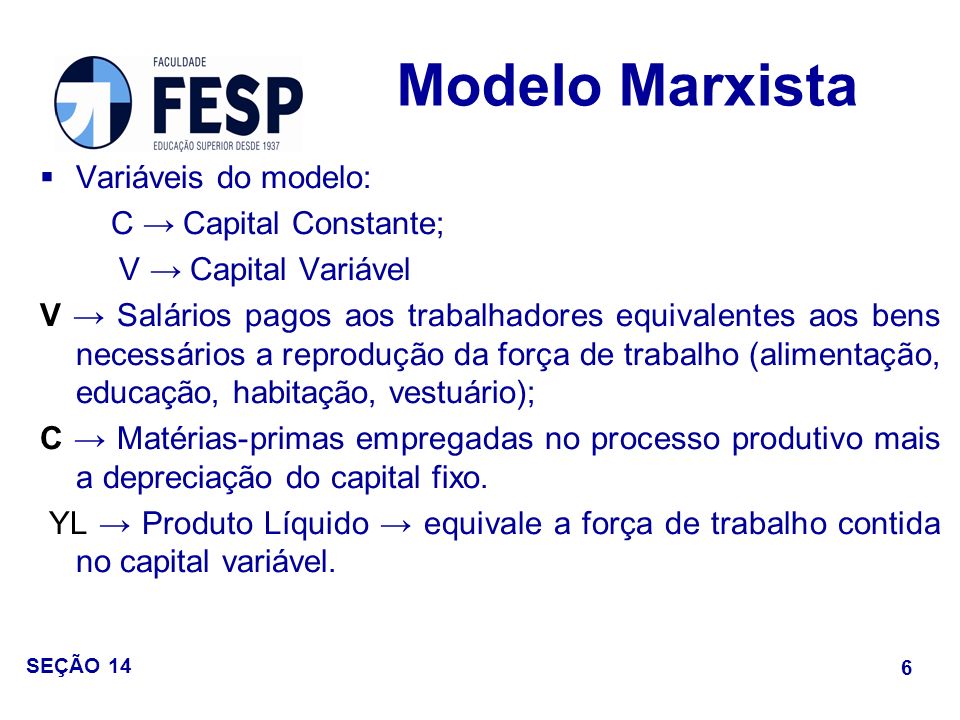 Modelo Marxista Variáveis do modelo: C → Capital Constante;