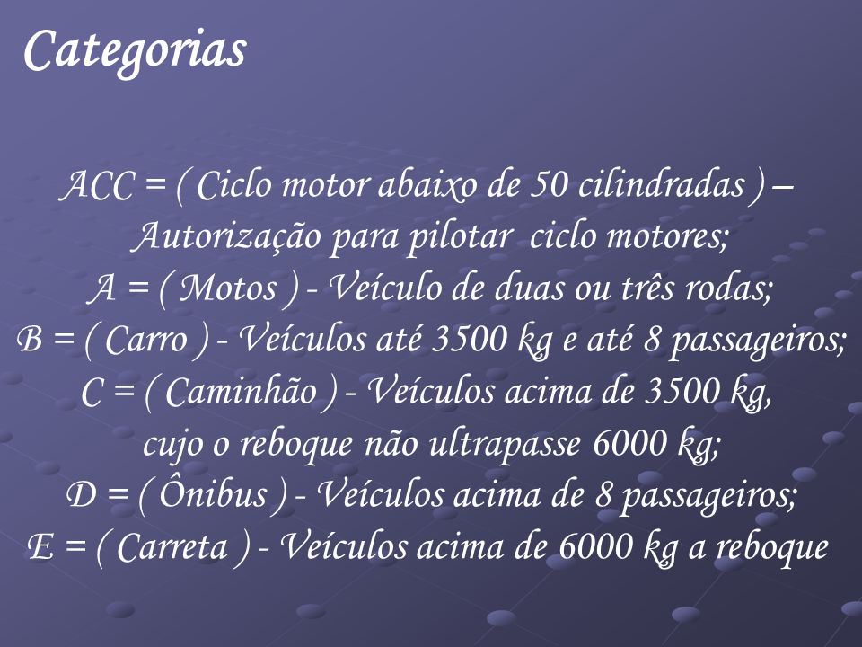 Categorias ACC = ( Ciclo motor abaixo de 50 cilindradas ) –