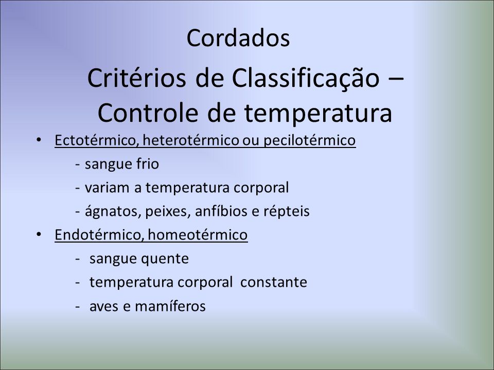 Critérios de Classificação – Controle de temperatura