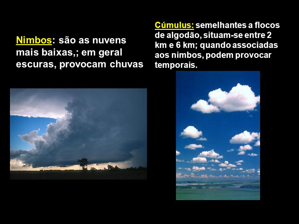 Nimbos: são as nuvens mais baixas,; em geral escuras, provocam chuvas
