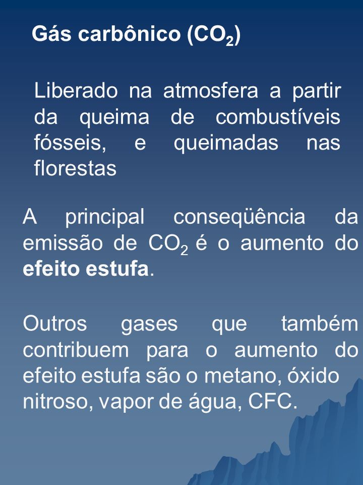 Gás carbônico (CO2) Liberado na atmosfera a partir da queima de combustíveis fósseis, e queimadas nas florestas.