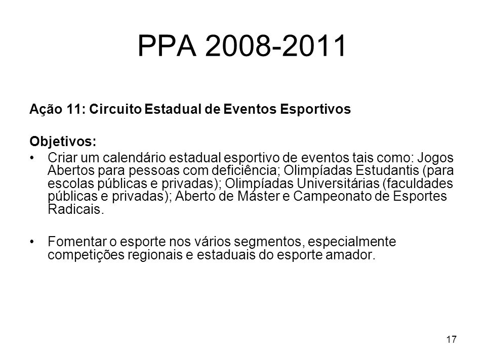 PPA Ação 11: Circuito Estadual de Eventos Esportivos