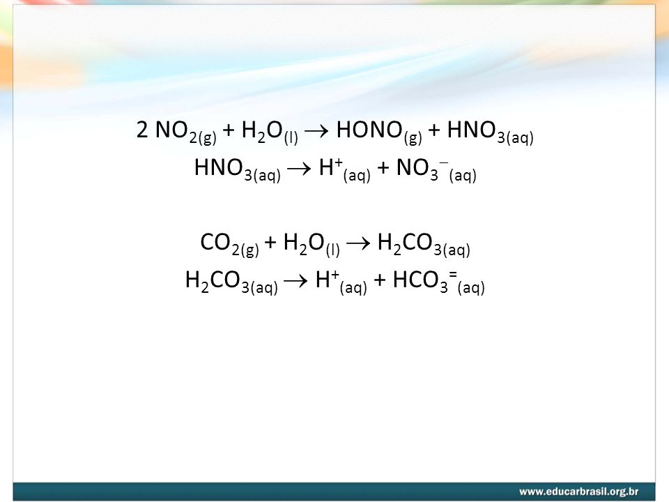 2 NO2(g) + H2O(l)  HONO(g) + HNO3(aq) HNO3(aq)  H+(aq) + NO3(aq)