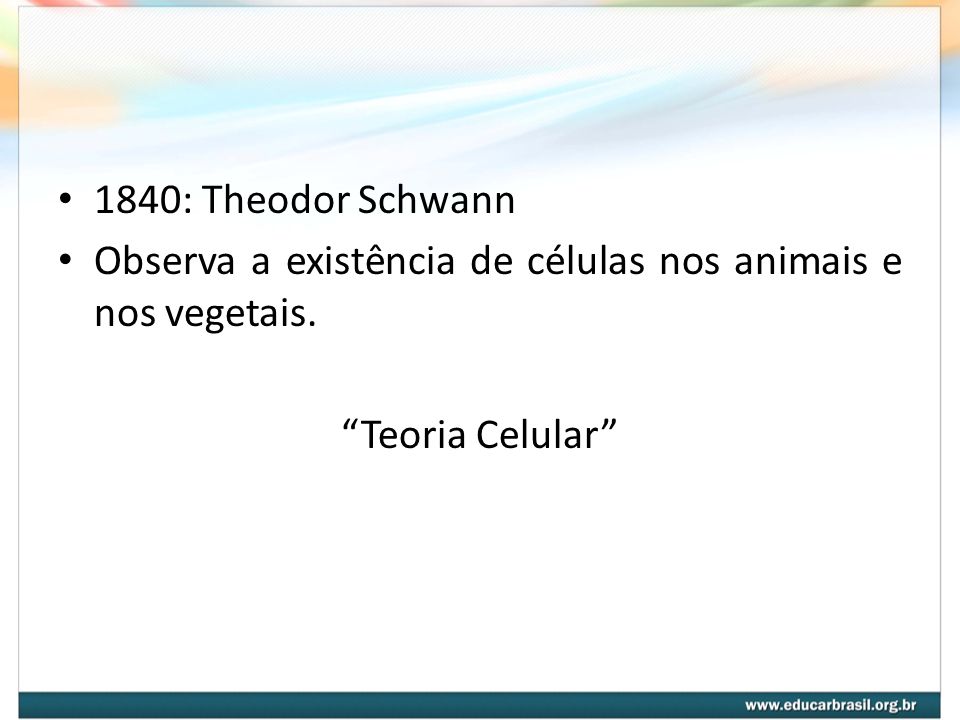 1840: Theodor Schwann Observa a existência de células nos animais e nos vegetais. Teoria Celular