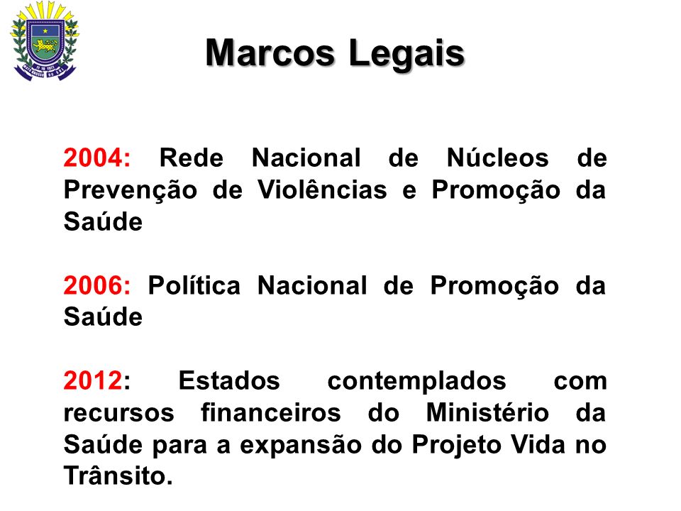 Marcos Legais 2004: Rede Nacional de Núcleos de Prevenção de Violências e Promoção da Saúde. 2006: Política Nacional de Promoção da Saúde.