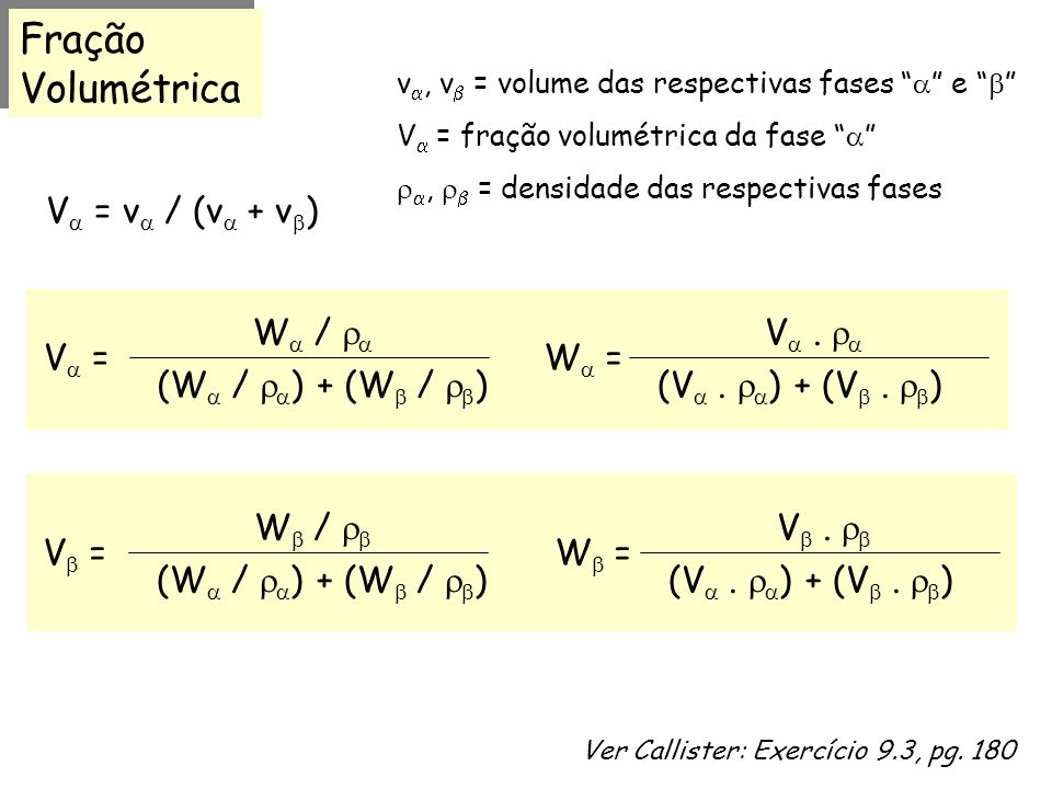 Fração Volumétrica V = v / (v + v) W /  (W / ) + (W / )