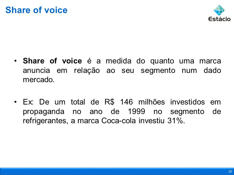 Share of voice Share of voice é a medida do quanto uma marca anuncia em relação ao seu segmento num dado mercado.