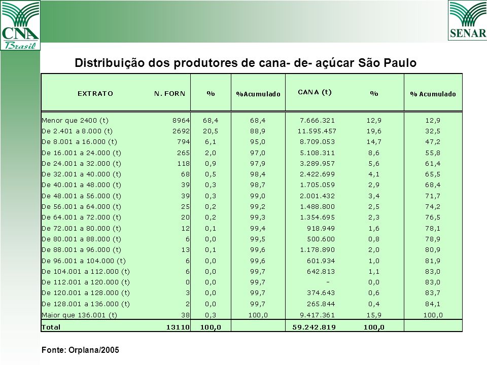 Distribuição dos produtores de cana- de- açúcar São Paulo