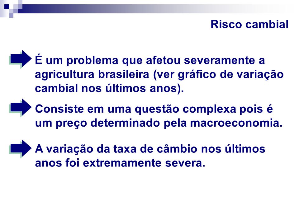 Risco cambial É um problema que afetou severamente a agricultura brasileira (ver gráfico de variação cambial nos últimos anos).