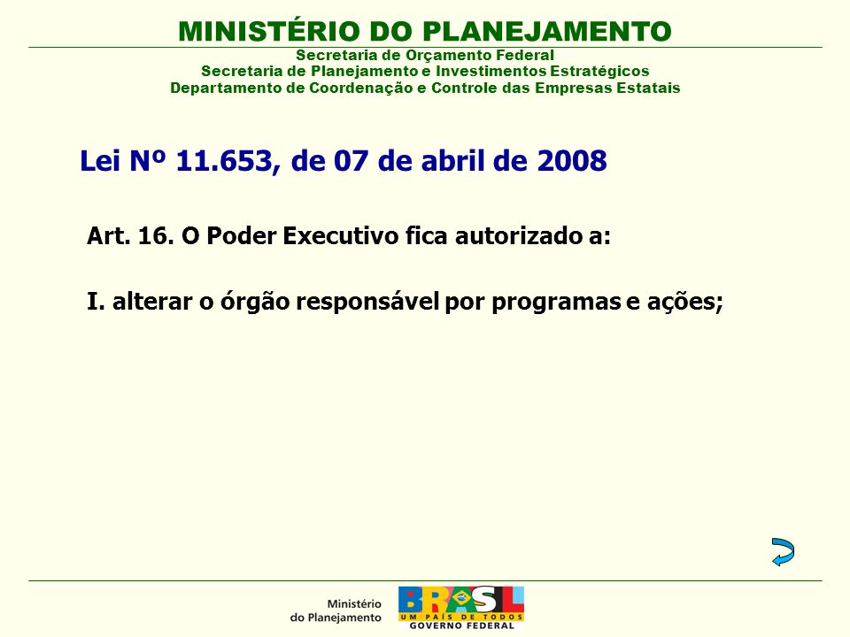 Lei Nº , de 07 de abril de 2008 Art. 16. O Poder Executivo fica autorizado a: I.