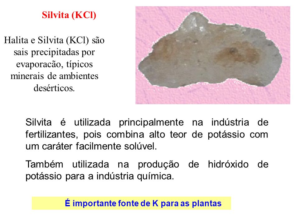 Silvita (KCl) Halita e Silvita (KCl) são sais precipitadas por evaporacão, típicos minerais de ambientes desérticos.