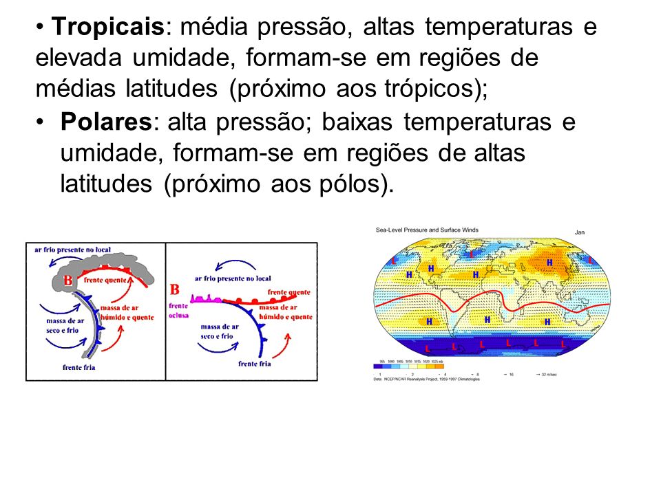 Tropicais: média pressão, altas temperaturas e elevada umidade, formam-se em regiões de médias latitudes (próximo aos trópicos);