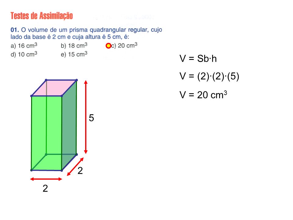 V = Sb·h V = (2)·(2)·(5) V = 20 cm