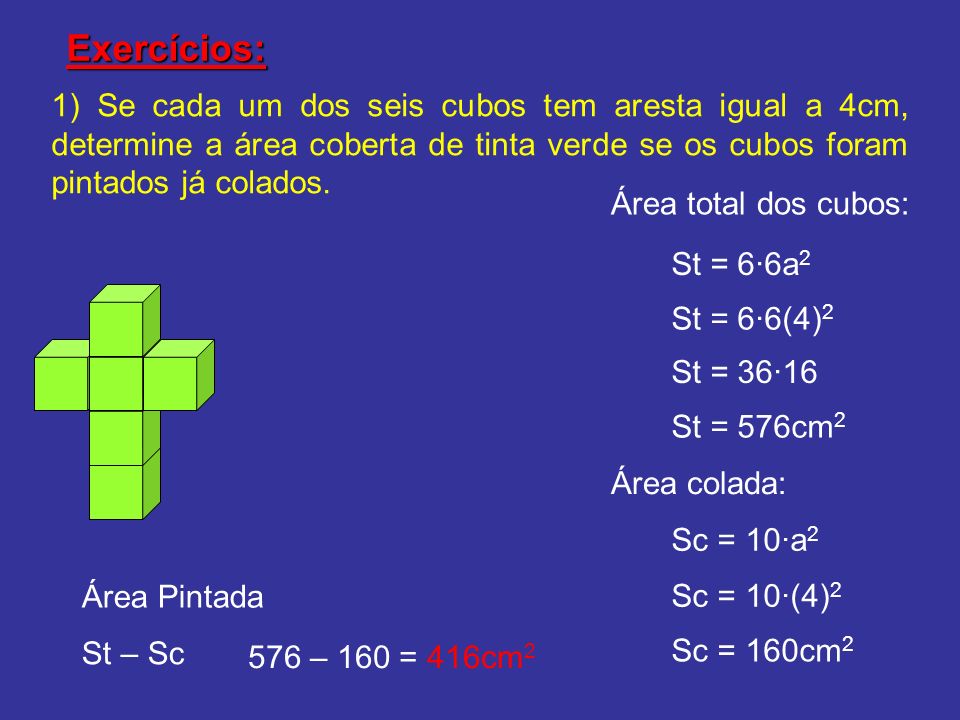 Exercícios: 1) Se cada um dos seis cubos tem aresta igual a 4cm, determine a área coberta de tinta verde se os cubos foram pintados já colados.