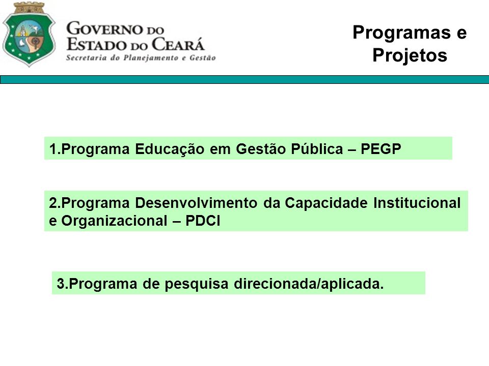 Programas e Projetos 1.Programa Educação em Gestão Pública – PEGP