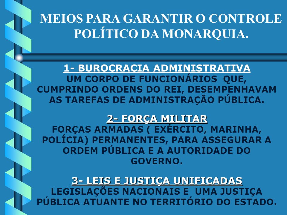 MEIOS PARA GARANTIR O CONTROLE POLÍTICO DA MONARQUIA.