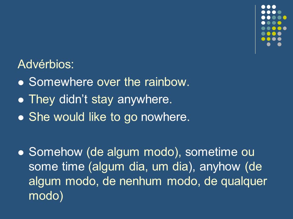 Advérbios: Somewhere over the rainbow. They didn’t stay anywhere. She would like to go nowhere.