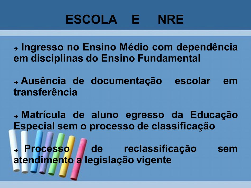ESCOLA E NRE Ingresso no Ensino Médio com dependência em disciplinas do Ensino Fundamental.