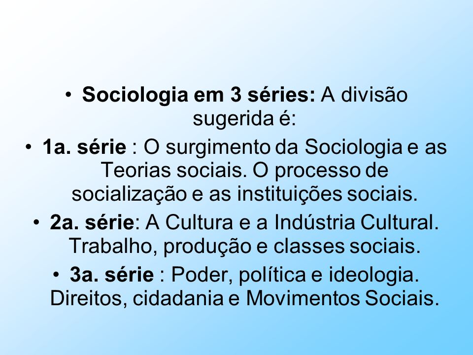 Sociologia em 3 séries: A divisão sugerida é: