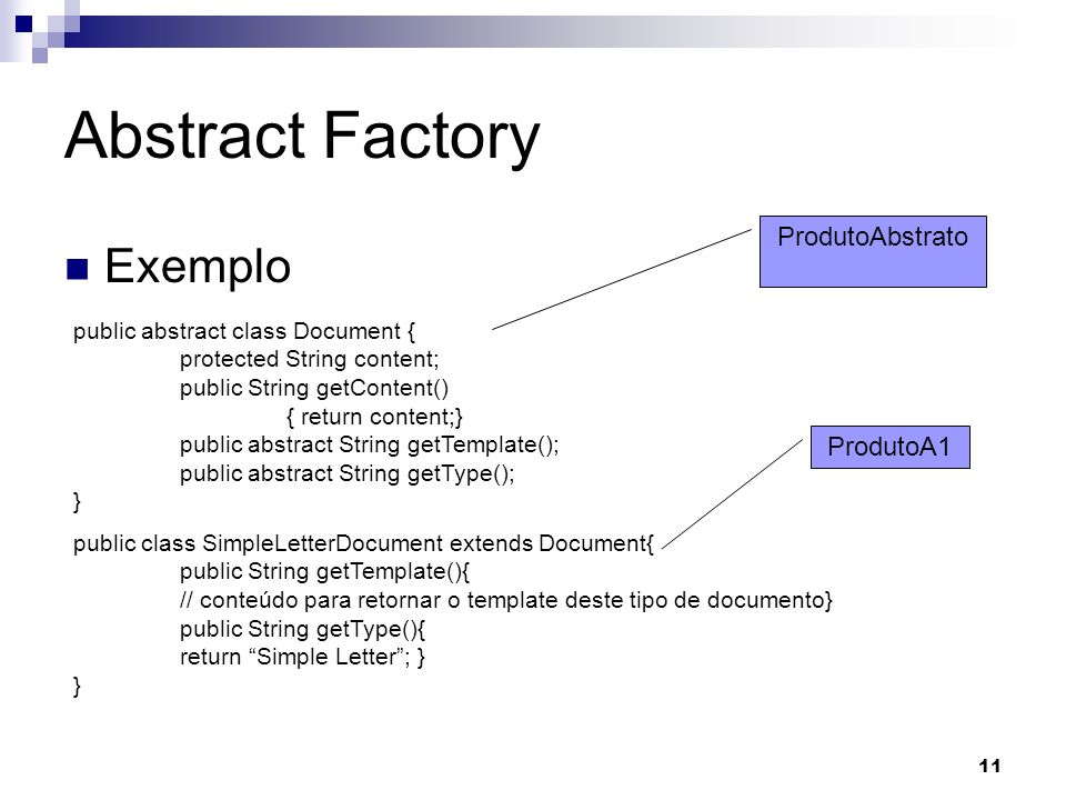 Abstract Factory Exemplo ProdutoAbstrato ProdutoA1