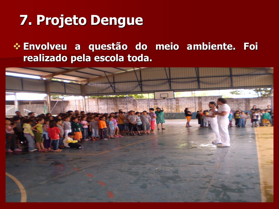 7. Projeto Dengue Envolveu a questão do meio ambiente. Foi realizado pela escola toda.