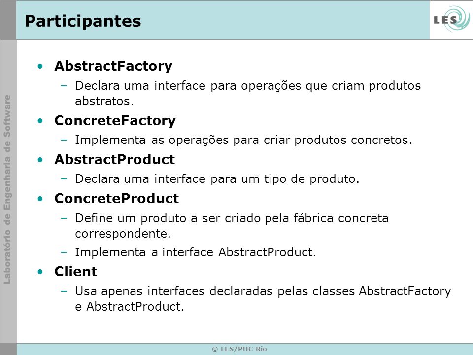 Participantes AbstractFactory ConcreteFactory AbstractProduct