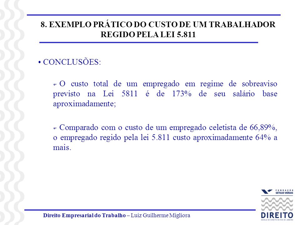 8. EXEMPLO PRÁTICO DO CUSTO DE UM TRABALHADOR REGIDO PELA LEI 5.811