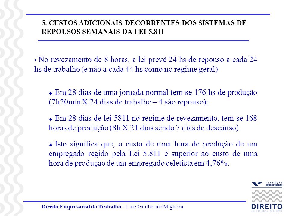 5. CUSTOS ADICIONAIS DECORRENTES DOS SISTEMAS DE REPOUSOS SEMANAIS DA LEI 5.811