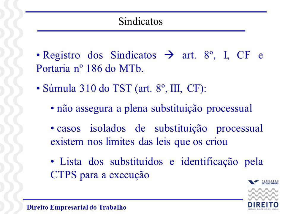 Registro dos Sindicatos  art. 8º, I, CF e Portaria nº 186 do MTb.