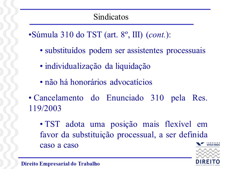 Súmula 310 do TST (art. 8º, III) (cont.):