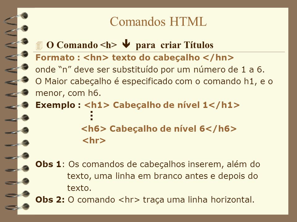 Comandos HTML O Comando <h>  para criar Títulos