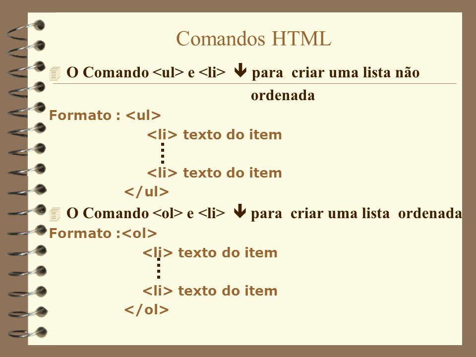 Comandos HTML O Comando <ul> e <li>  para criar uma lista não. ordenada. Formato : <ul> <li> texto do item.