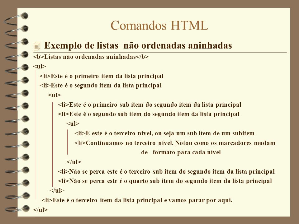 Comandos HTML Exemplo de listas não ordenadas aninhadas