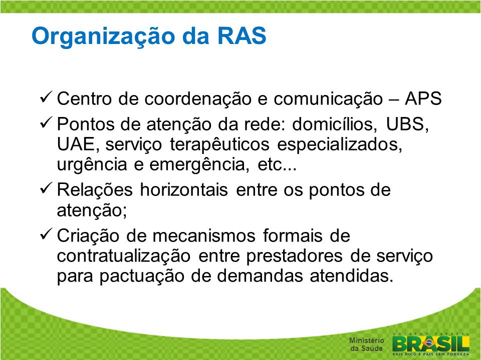 Organização da RAS Centro de coordenação e comunicação – APS