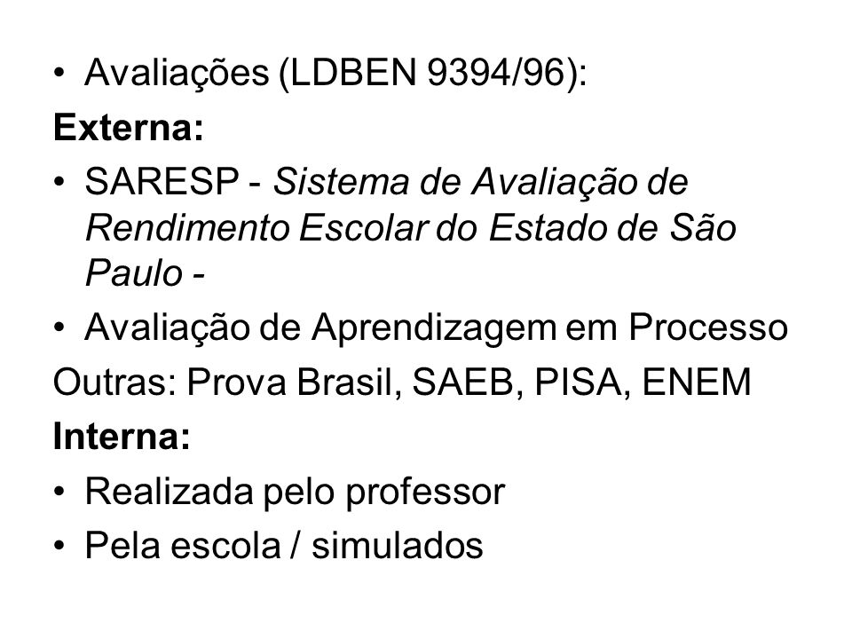 Avaliações (LDBEN 9394/96): Externa: SARESP - Sistema de Avaliação de Rendimento Escolar do Estado de São Paulo -