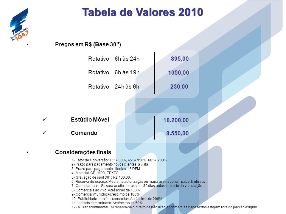 Tabela de Valores 2010 Preços em R$ (Base 30 ) Rotativo 6h às 24h