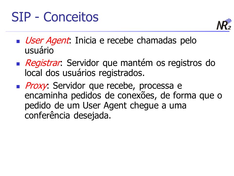 SIP - Conceitos User Agent: Inicia e recebe chamadas pelo usuário