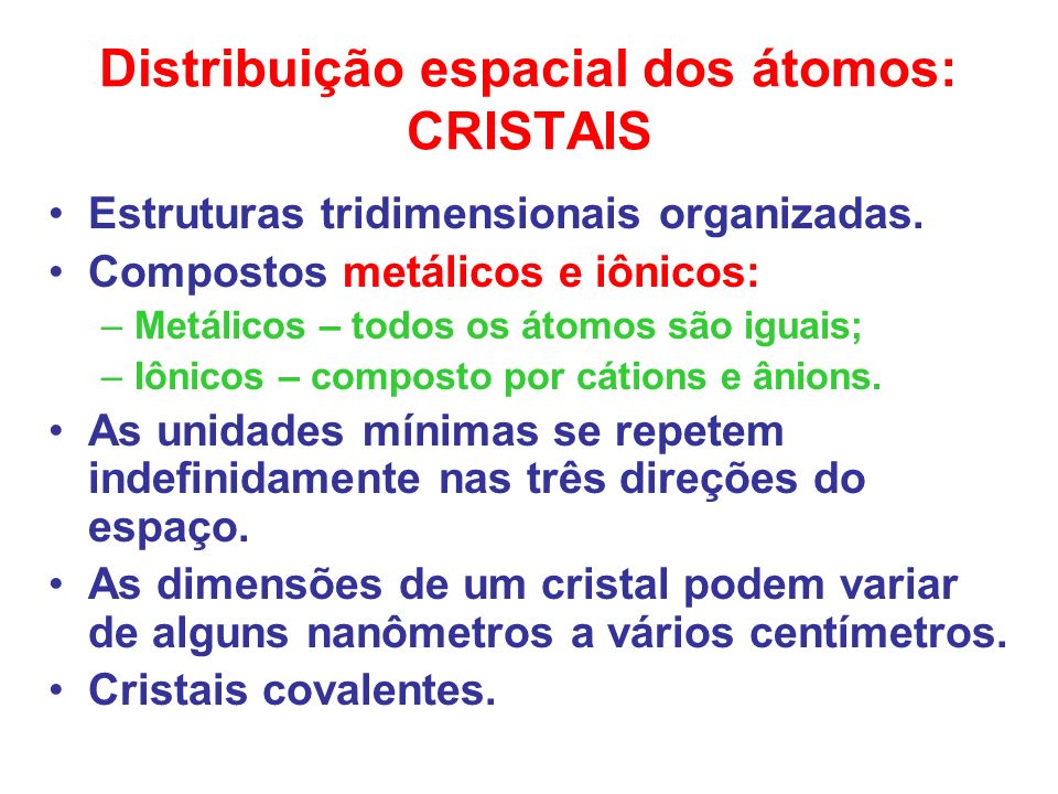 Distribuição espacial dos átomos: CRISTAIS