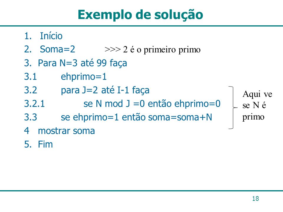 Exemplo de solução Início Soma=2 >>> 2 é o primeiro primo